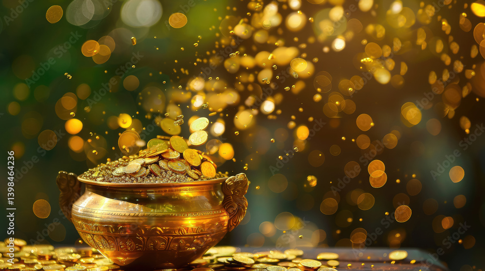 golden hindu pot full of gold coins pouring out of it on blurred background, akshaya tritiya, indian religious festival, aksaya trithiya, wealth, money, fortune
