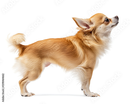 A long haired chihuahua standing in profile looking up on a white background