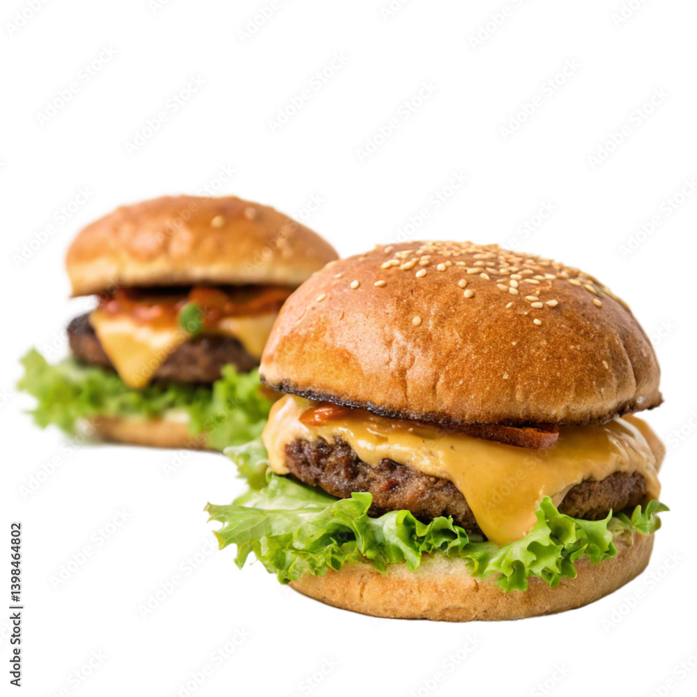 Two Juicy Cheeseburgers with Sesame Seed Buns and Fresh Lettuce Two Juicy Cheeseburgers with Sesame Seed Buns and Fresh Lettuce