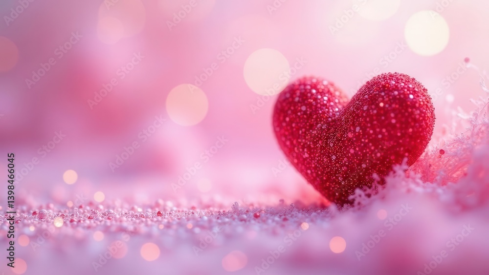 A Sparkling Red Heart Rests Gently on a Soft Pink Glittering Surface A Sparkling Red Heart Rests Gently on a Soft Pink Glittering Surface