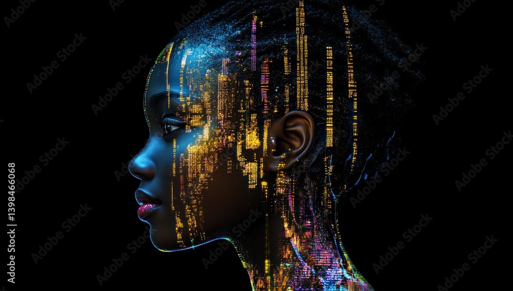 Obraz premium Digital Portrait: A Woman's Face Illuminated by a Cityscape