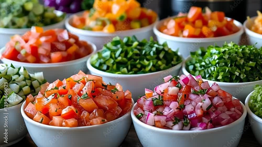 Various fresh vegetables like tomatoes, onions, and cucumbers chopped and arranged in bowls for cooking or salad. Various fresh vegetables like tomatoes, onions, and cucumbers chopped and arranged in bowls for cooking or salad.