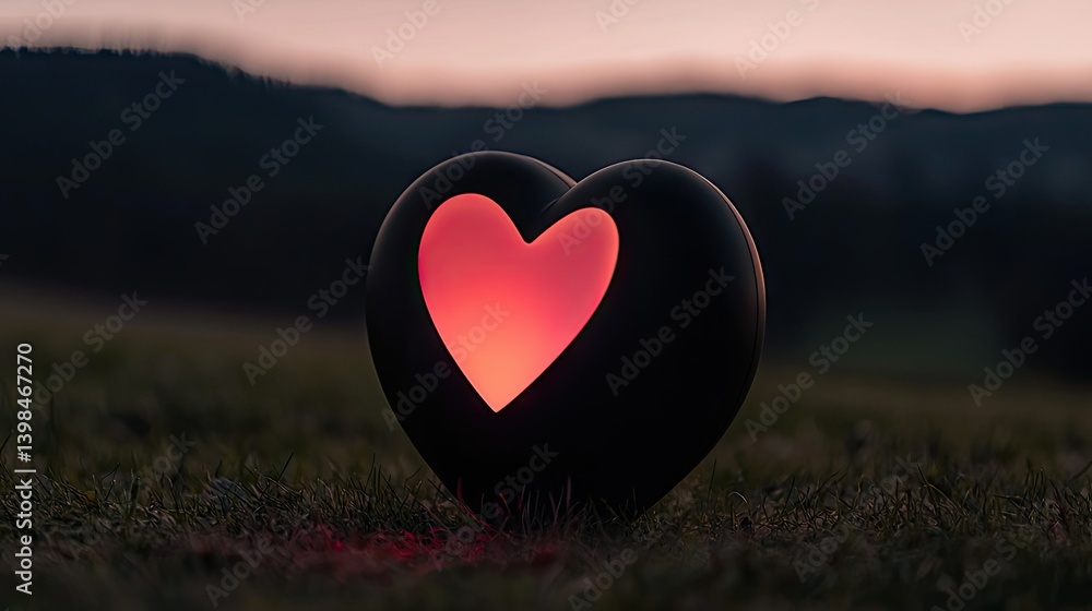 Fototapeta premium A glowing heart shaped light object sits in the grass