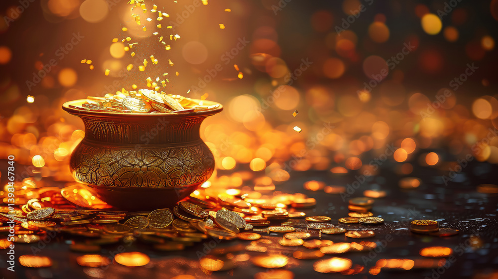 golden hindu pot full of gold coins pouring out of it on blurred background, akshaya tritiya, indian religious festival, aksaya trithiya, wealth, money, fortune