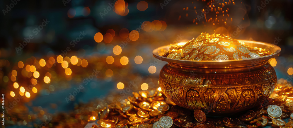golden hindu pot full of gold coins pouring out of it on blurred background, akshaya tritiya, indian religious festival, aksaya trithiya, wealth, money, fortune