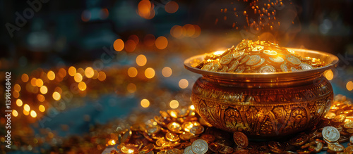 Obraz na płótnie golden hindu pot full of gold coins pouring out of it on blurred background, akshaya tritiya, indian religious festival, aksaya trithiya, wealth, money, fortune w salonie
