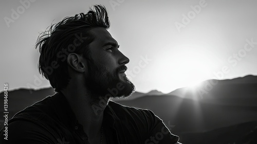 A Man Gazing at a Sunset Over Distant Mountains