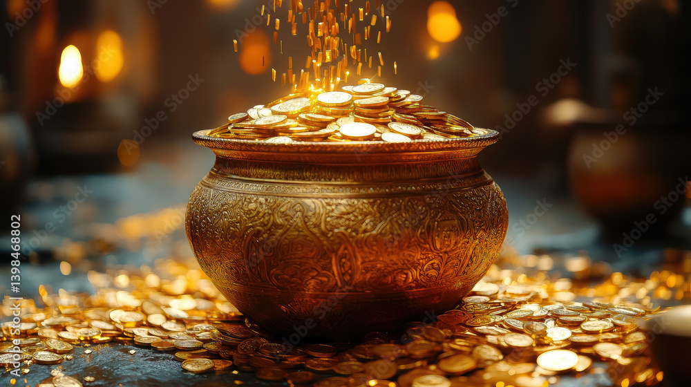 golden hindu pot full of gold coins pouring out of it on blurred background, akshaya tritiya, indian religious festival, aksaya trithiya, wealth, money, fortune
