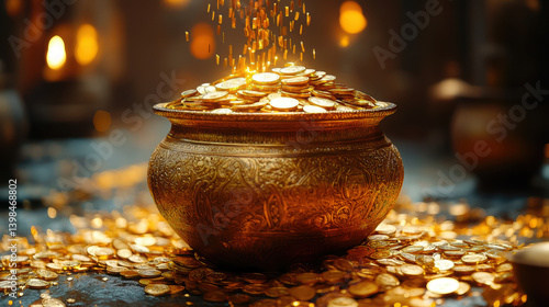 Obraz na płótnie golden hindu pot full of gold coins pouring out of it on blurred background, akshaya tritiya, indian religious festival, aksaya trithiya, wealth, money, fortune w salonie