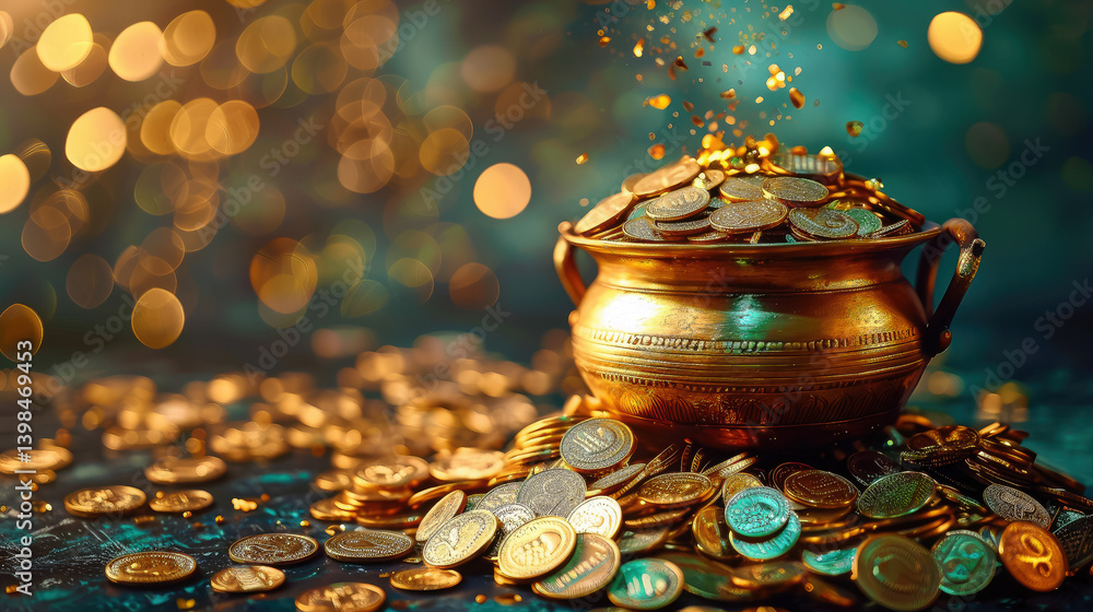 golden hindu pot full of gold coins pouring out of it on blurred background, akshaya tritiya, indian religious festival, aksaya trithiya, wealth, money, fortune