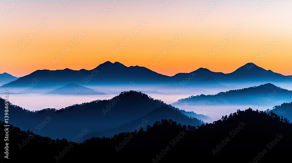Obraz premium Beautiful distant mountain ranges covered in a gentle morning mist