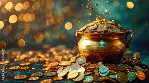 Obraz na płótnie golden hindu pot full of gold coins pouring out of it on blurred background, akshaya tritiya, indian religious festival, aksaya trithiya, wealth, money, fortune w salonie
