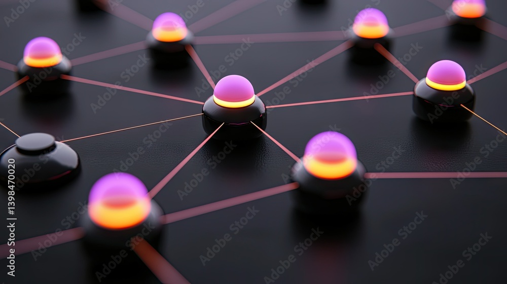 Abstract graphic depicting a network of connected luminous components