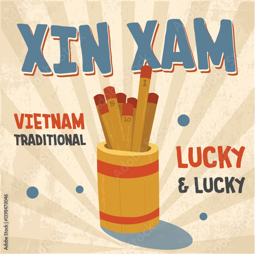 A vintage vector illustration of 'Xin Xam' fortune sticks, a traditional Vietnamese ritual for predicting luck, commonly seen in temples and during the Lunar New Year.