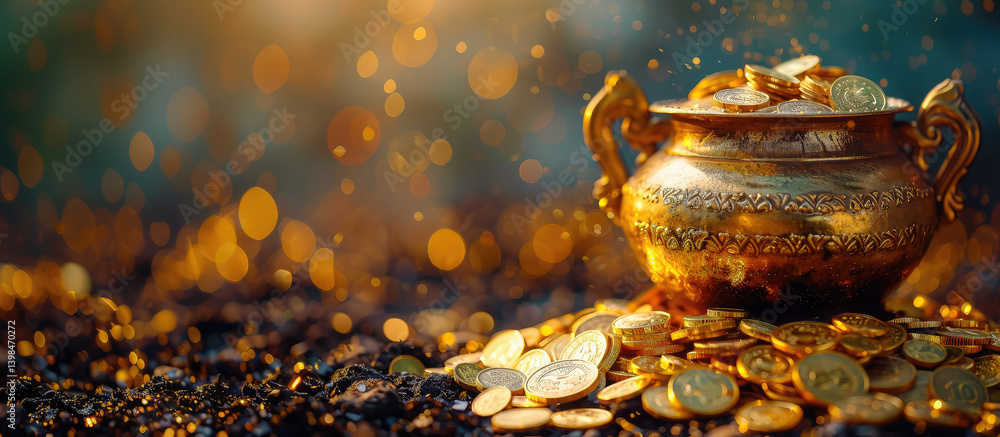 golden hindu pot full of gold coins pouring out of it on blurred background, akshaya tritiya, indian religious festival, aksaya trithiya, wealth, money, fortune