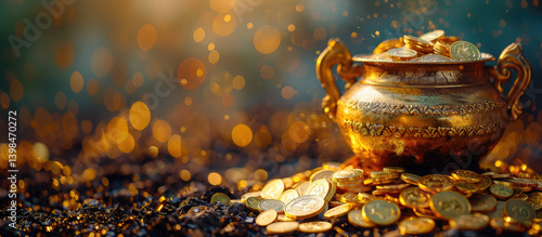 Obraz na płótnie golden hindu pot full of gold coins pouring out of it on blurred background, akshaya tritiya, indian religious festival, aksaya trithiya, wealth, money, fortune w salonie