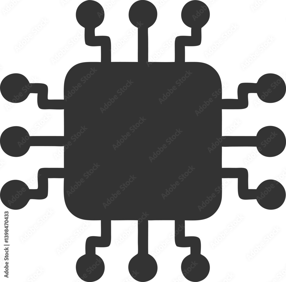 Gray Microchip Icon with Connections Isolated on a White Background Gray Microchip Icon with Connections Isolated on a White Background
