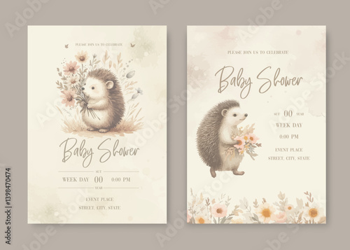 Watercolor Invitation Birthday Template card with watercolor forest cute hedgehog with flowers.