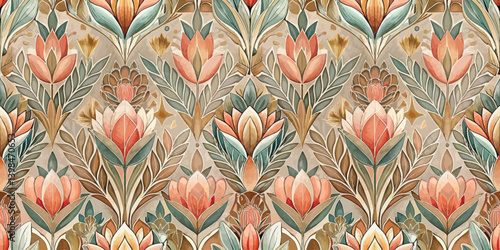 Floral pattern with intricate designs in soft pastels and earthy tones.