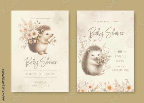 Watercolor Invitation Birthday Template card with watercolor forest cute hedgehog with flowers.