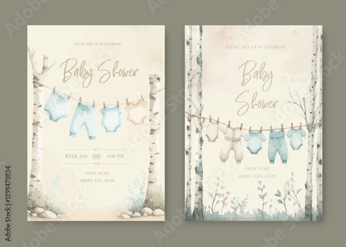 Watercolor Invitation Birthday Template card with children's clothes drying on a clothesline.