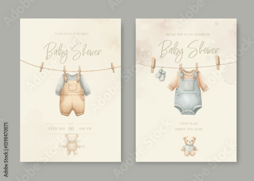 Watercolor Invitation Birthday Template card with children's clothes drying on a clothesline.