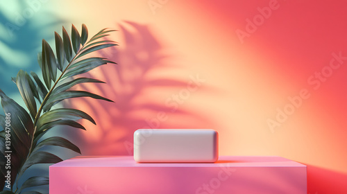 A product display with palm leaf and pink platform against colorful backdrop