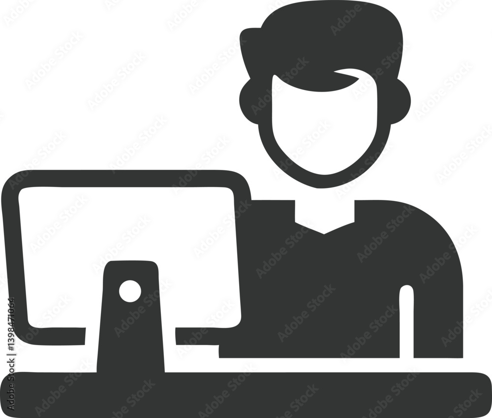 Man Silhouette at Computer Desk with Transparent Background. Minimalist Style Man Silhouette at Computer Desk with Transparent Background. Minimalist Style