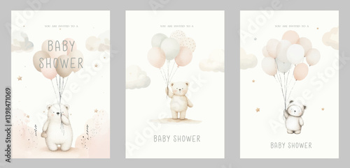 First birthday set of watercolor invitation card for celebration. With bear and balloons.