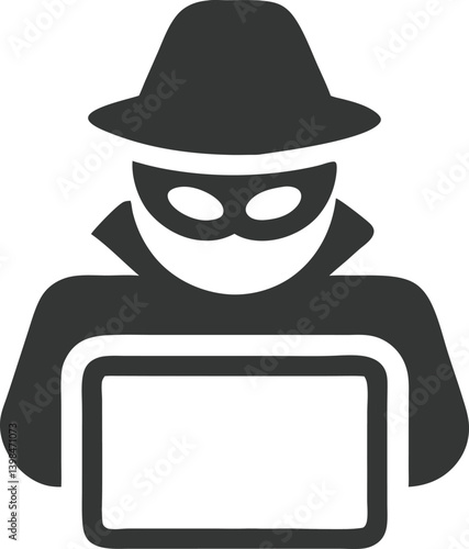 Masked Hacker at Laptop Icon with Hat and Mask on Transparent Background