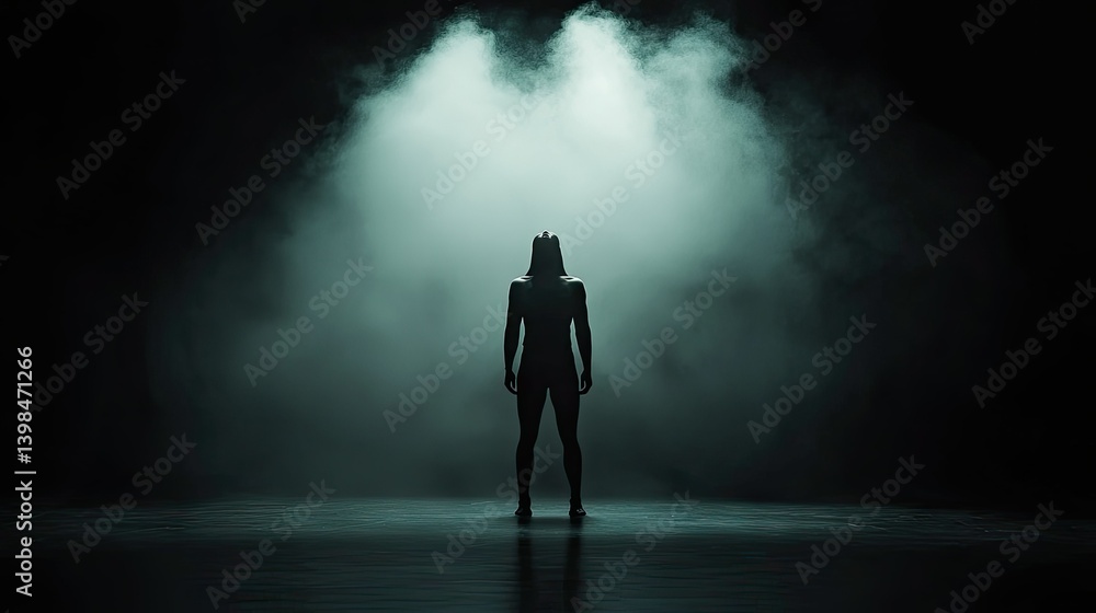 Fototapeta premium A solitary figure stands under a spotlight in atmospheric fog