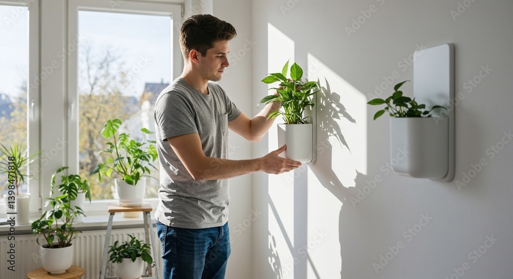 Man hanging potted plant on wall in bright indoor setting for home decor enhancement Man hanging potted plant on wall in bright indoor setting for home decor enhancement