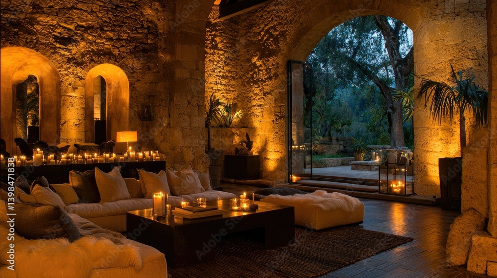 An inviting interior space illuminated by soft candle lights at night An inviting interior space illuminated by soft candle lights at night