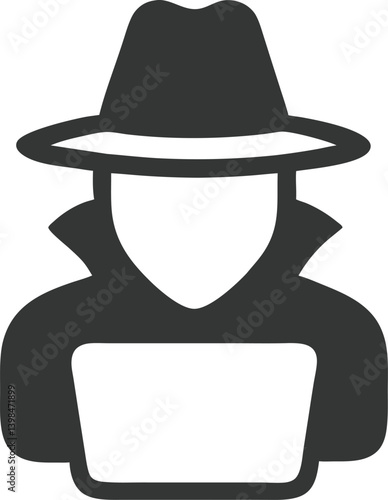 Spy Silhouette Icon with Fedora Hat, Laptop, and Anonymous Figure on Transparent