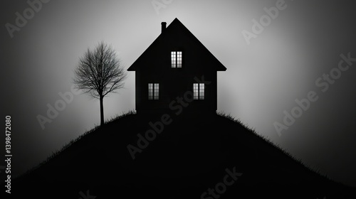 A silhouette of a house and tree on a small grassy hill