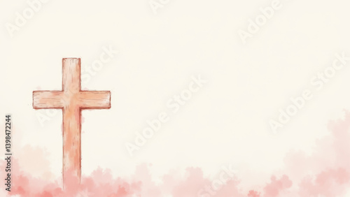 Christian cross on gravestone with red flowers at base.