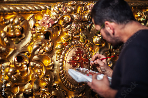 Canvastavla Seville, Spain, Apr 3 2009, Finishing touches added to paso decoration in Sevill