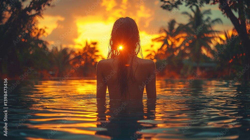 Fototapeta premium Sunset Serenity: A Woman's Silhouette in a Tropical Pool