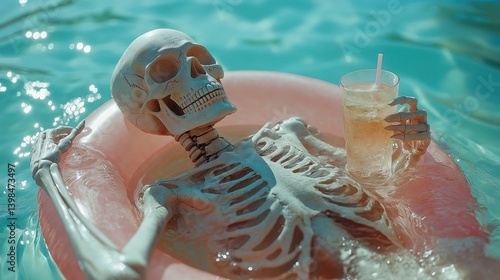 spooky skeleton lounging on pink pool float with cocktail for a fun summerween halloween celebration
