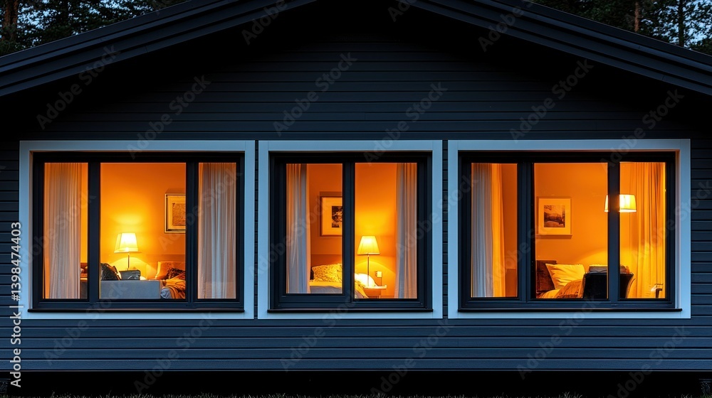 Illuminated Windows of a Cozy Cabin at Night Illuminated Windows of a Cozy Cabin at Night