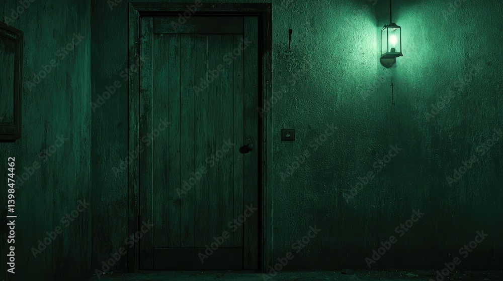 A dim green illuminated doorway presents mystery and foreboding atmosphere A dim green illuminated doorway presents mystery and foreboding atmosphere