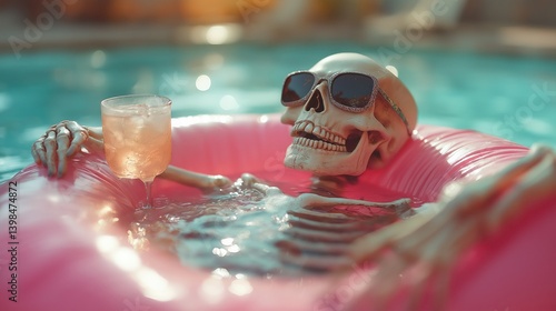 spooky skeleton lounging on pink pool float with cocktail for a fun summerween halloween celebration