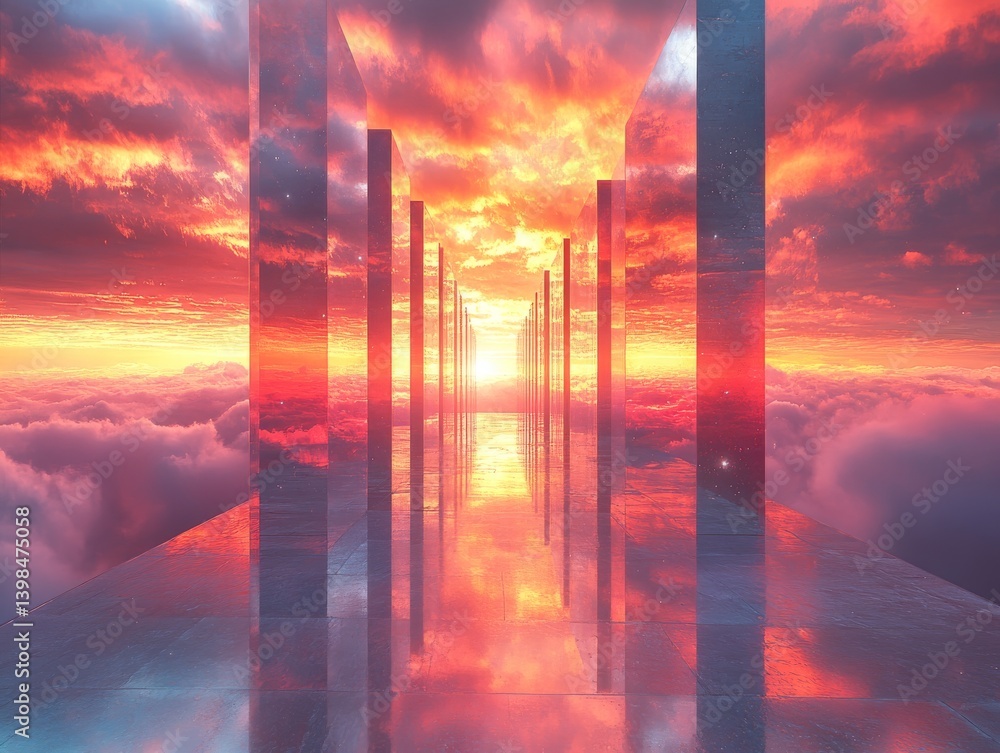 Abstract Sunset Hallway: A surreal vision of glowing skies reflected on a polished floor, framed by geometric pillars, leading towards a horizon of hope and endless possibilities. Abstract Sunset Hallway: A surreal vision of glowing skies reflected on a polished floor, framed by geometric pillars, leading towards a horizon of hope and endless possibilities.