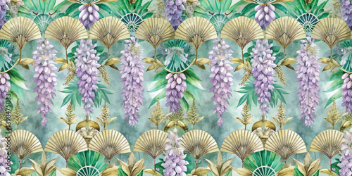 Elegant floral wallpaper with purple wisteria and decorative fans in soft green hues.