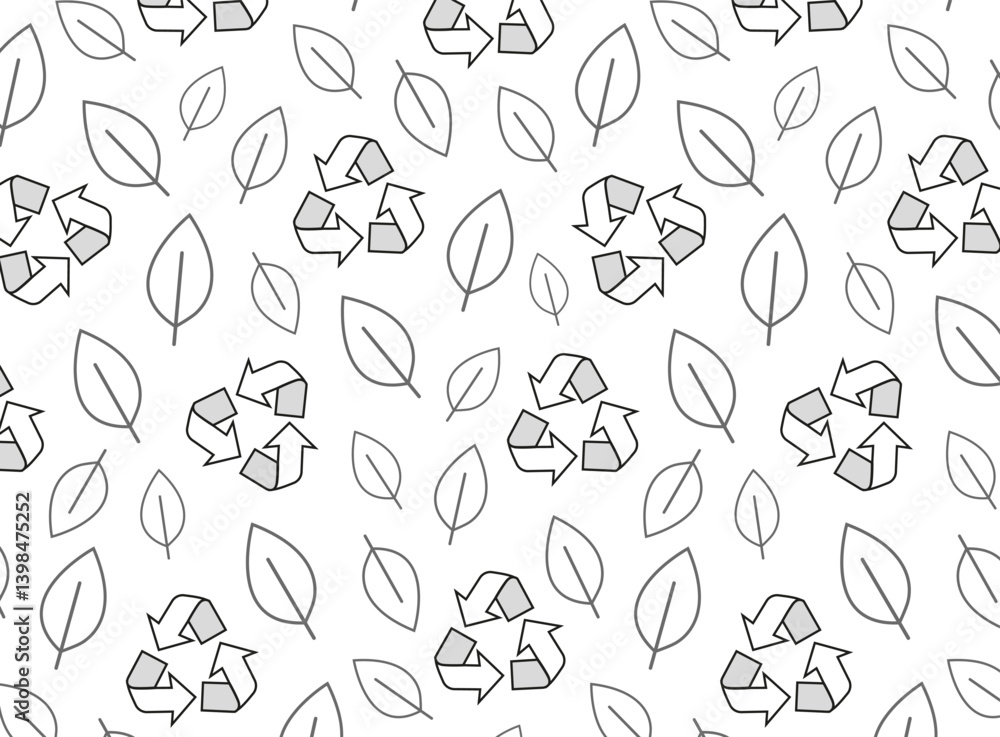 Stylish seamless vector pattern featuring outline images of leaves and the recycle symbol. Stylish seamless vector pattern featuring outline images of leaves and the recycle symbol.