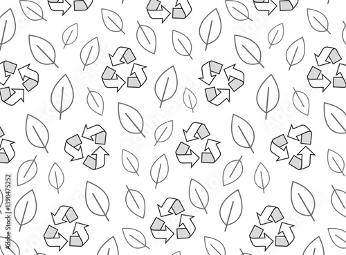  Stylish seamless vector pattern featuring outline images of leaves and the recycle symbol. 