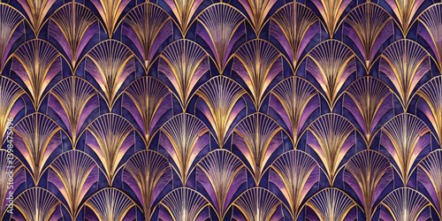 Elegant gold and purple Art Deco pattern featuring fan shapes.