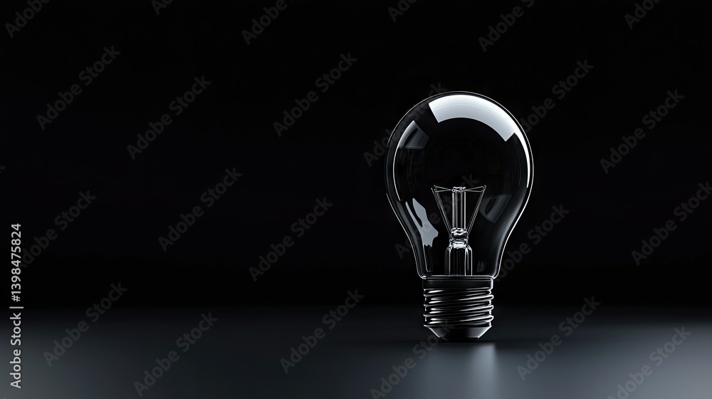 A transparent light bulb sits on a dark reflective surface A transparent light bulb sits on a dark reflective surface