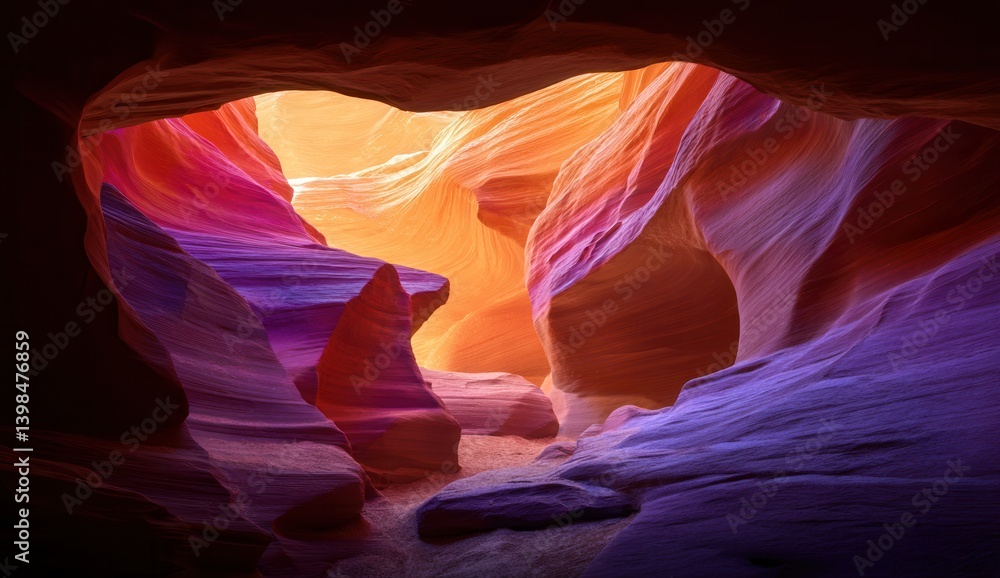 Obraz premium Vibrant hues illuminate a majestic sandstone cave with mesmerizing natural formations.