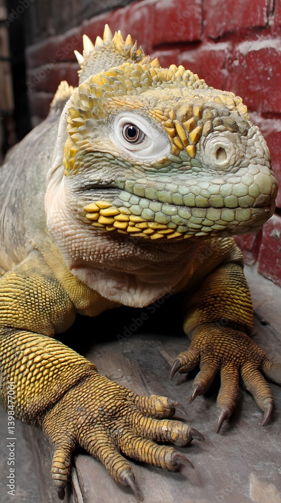 Fototapeta premium Yellow Iguana in Portrait: Captivating portrait of a vibrant yellow iguana, showcasing its striking scales and textured skin as it gazes forward, embodying the serene mystery of the wild.